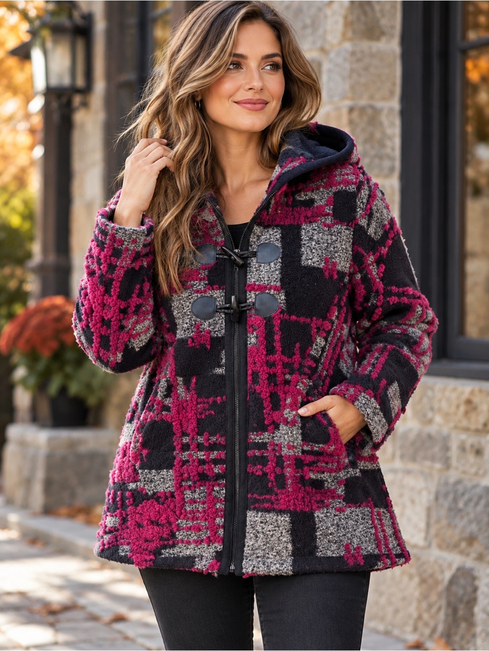 Dolcezza Abstract Geometric Hooded Jacket Textured Woven/Knit XL Wearable Art